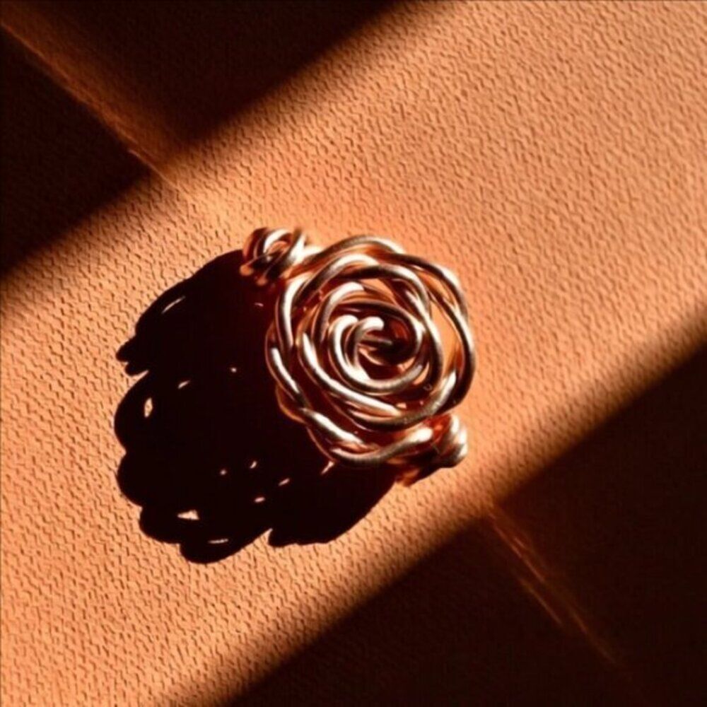Wire Wrapped Rose Flower Floral Copper Ring - Romantic & Feminine - Sz 5.5